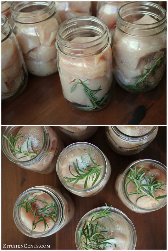 Jars filled with chicken, salt, and rosemary