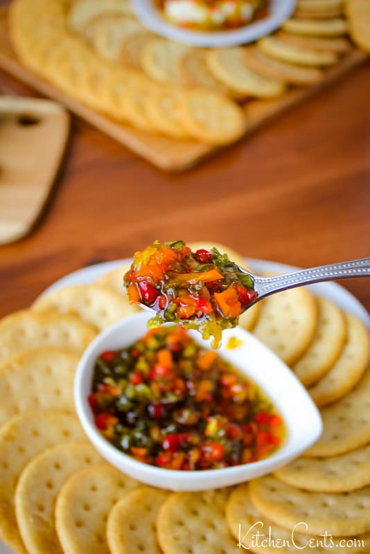Easy Pepper Relish cheese spread with crackers appetizer | Kitchen Cents