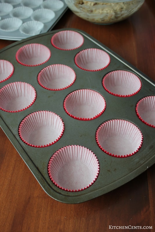 12 count regular muffin tin lined with paper liners to ease removal.