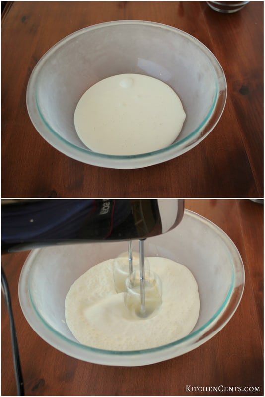 College of two pictures with the first image being heavy whipping cream in the chilled glass bowl and the second of it being whipped with an electric hand mixer.