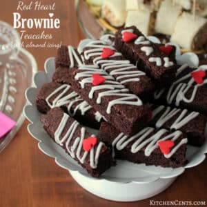 Red Heart Brownie Teacakes with almond icing | KitchenCents.com