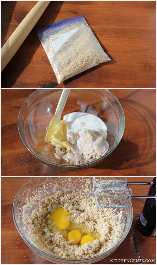 Crush the graham crackers and cream the butter and sugar then mix in the eggs | KitchenCents.com
