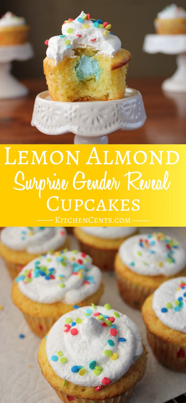 Gender Reveal Lemon Almond Surprise Cupcakes | Kitchen Cents