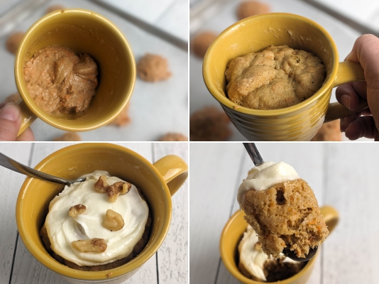 A four picture collage with the first picture of a greased mug with uncooked batter in the bottom, the second picture has the a cooked carrot cake mug cake, third picture has the mug cake frosted and sprinkled with walnuts and the four is a spoonful of the mug cake being pulled out of the cup.
