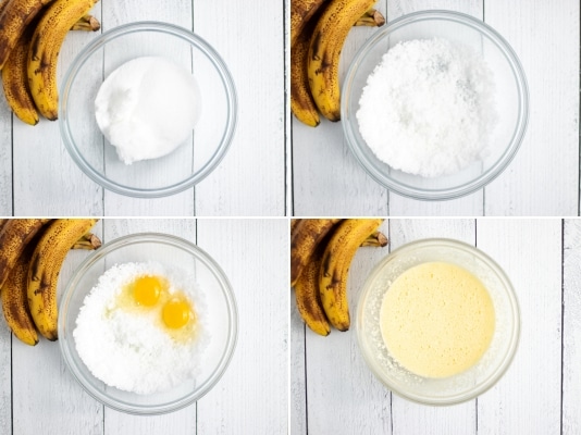 Creaming oil, sweetener, eggs and vanilla