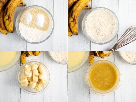 Blending dry ingredients and mashing bananas