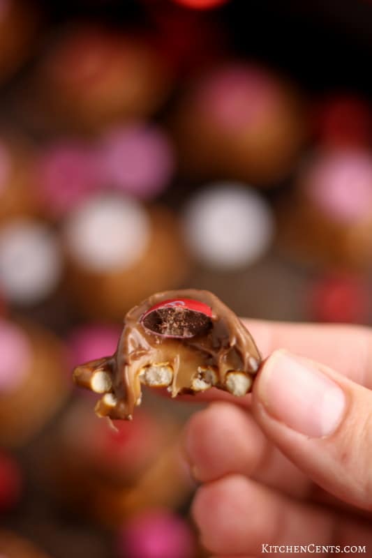 Single Valentine's Pretzel Turtle with bit out of Valentine's Dessert | Kitchen Cents