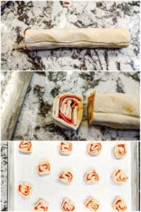 Roll, slice and place pinwheels on cookie sheet to bake Layer ingredients on puff pastry | Kitchen Cents