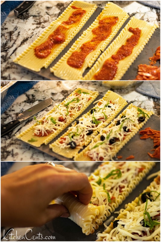 Add sauce and toppings to lasagna noodles then roll up | Kitchen Cents