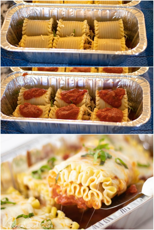 Place Pizza Lasagna roll ups in pan with sauce, Top with sauce, then bake | Kitchen Cents