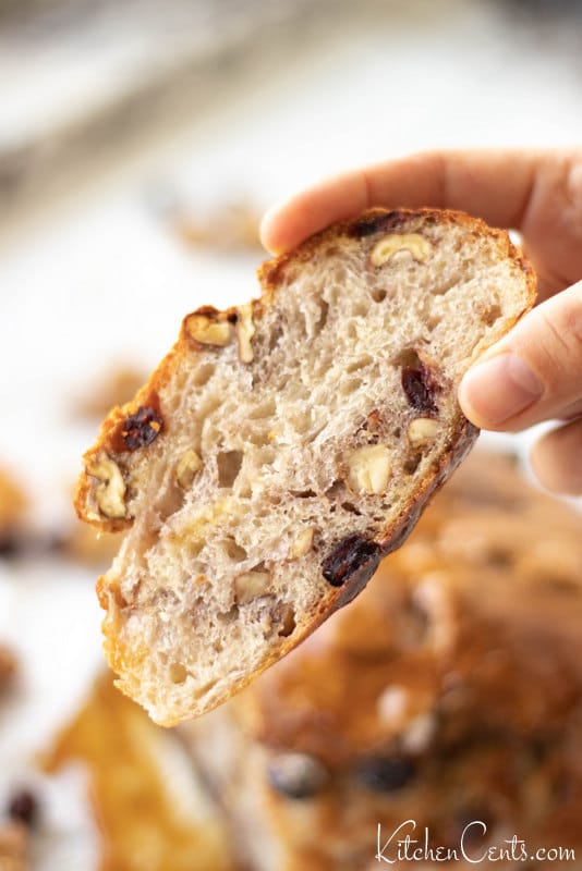 A piece of Easy no-Knead Cranberry Walnut Bread | Kitchen Cents
