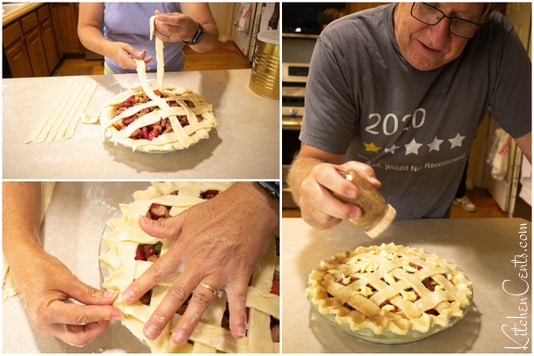 How to do easy lattice pie crust top then finish Strawberry Rhubarb Pie Kitchen Cents