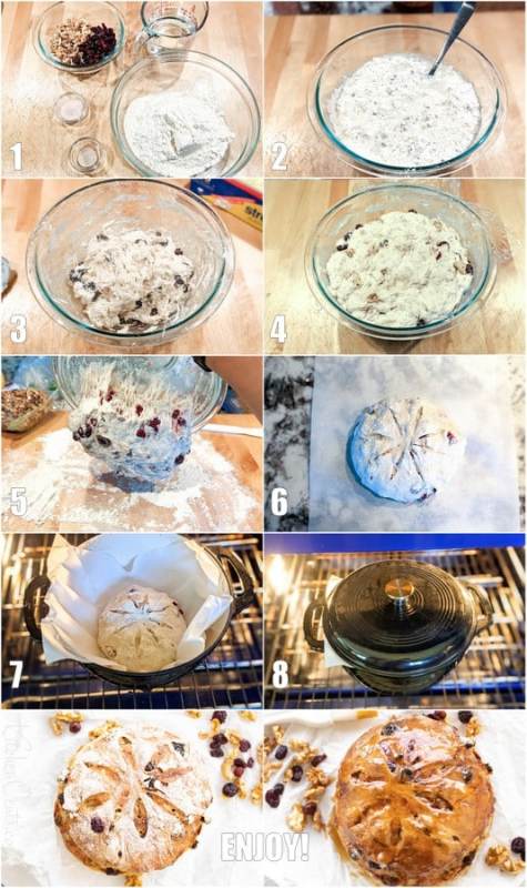 Step by step instructions and ingredients for no-Knead Cranberry Walnut Bread | Kitchen Cents