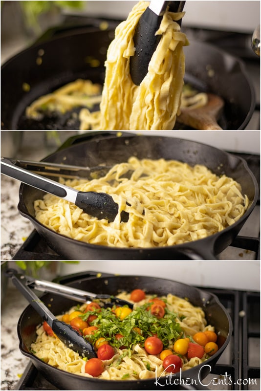 Add homemade egg noodles to garlic butter sauce. Add basil and tomatoes Kitchen Cents