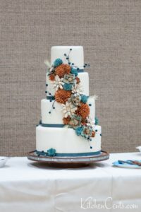 Simple white fondant wedding cake with wooden flowers Kitchen Cents