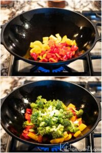 Cook veggies first for Healthy Teryaki Chicken Rice Bowl with veggies | Kitchen Cents