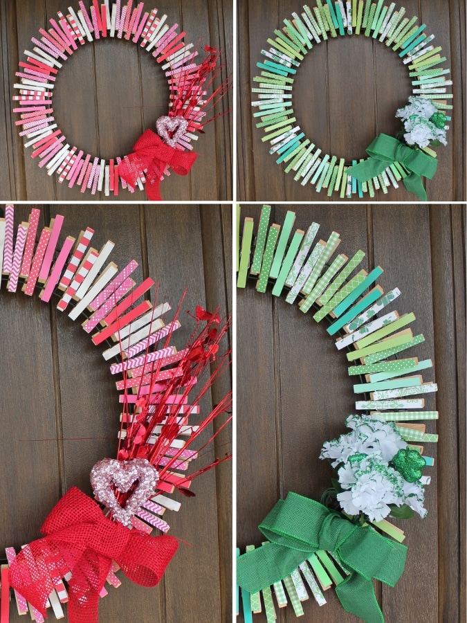 A how to guide - Easy DIY Clothespin wreath reversible for Valentines and st. Patricks day