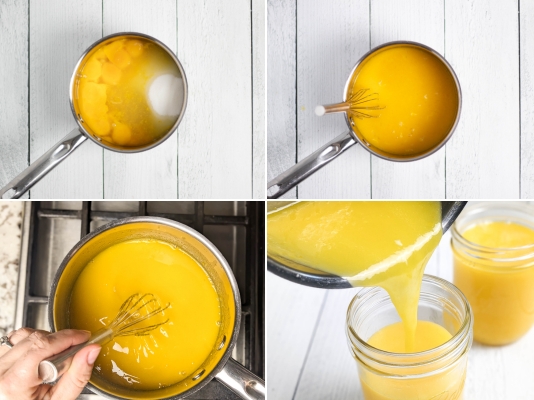 Collage of four images showing the steps on how to make lemon curd at home: first the ingredients are place in a pot, the ingredients are whisked together then heated until it reaches the correct temp and then stored in a glass jar.