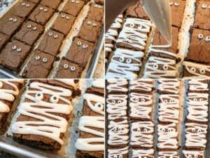 How to turn brownies into mummies with icing and candy eyes collage