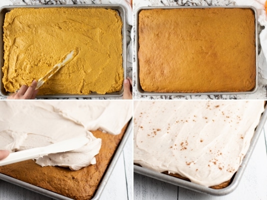 step by step spreading the pumpkin spice frosting on the sheet of pumpkin bars