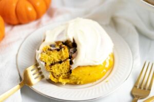Pumpkin roll with one bite on a fork