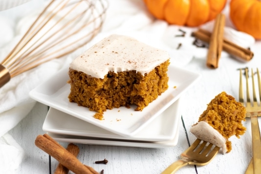 pumpkin bar with a fork full taken from the corner