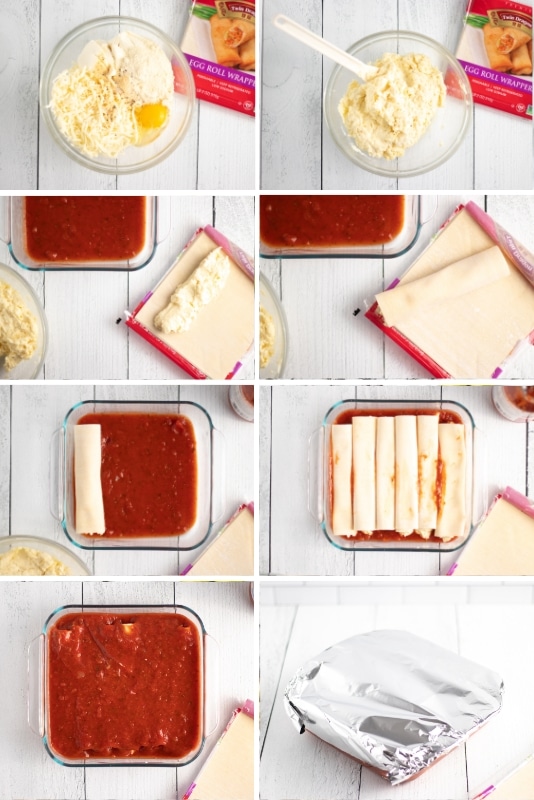 Process pictures on how to make rolled manicotti using egg roll wrappers