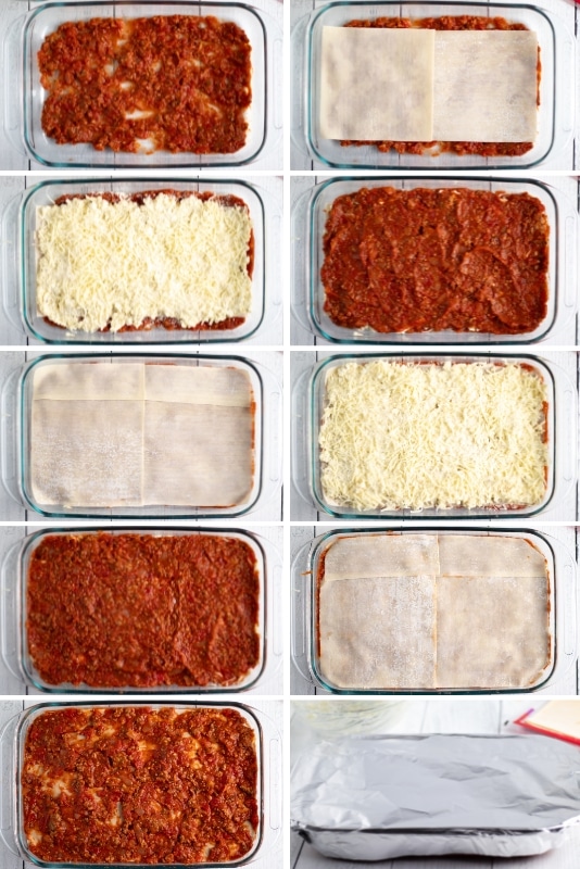 Step by step process on how to make easy lasagna recipe using egg roll wrappers