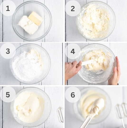 College of 6 images depicting how to make cream cheese frosting at home.
