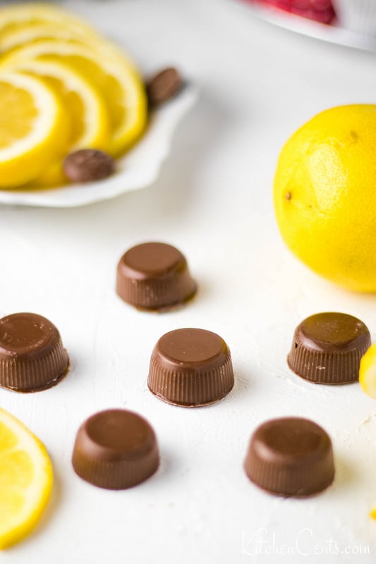 Smooth, shiny chocolates with lemon fruit in background.