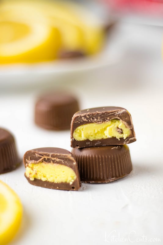 Close up of lemon cream filling inside chocolate.